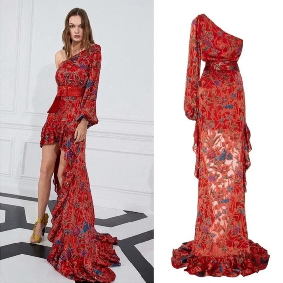 Alexis Marseille Floral Red Gown Maxi Dress One Shoulder High-Low Ruffle size M - Picture 6 of 11